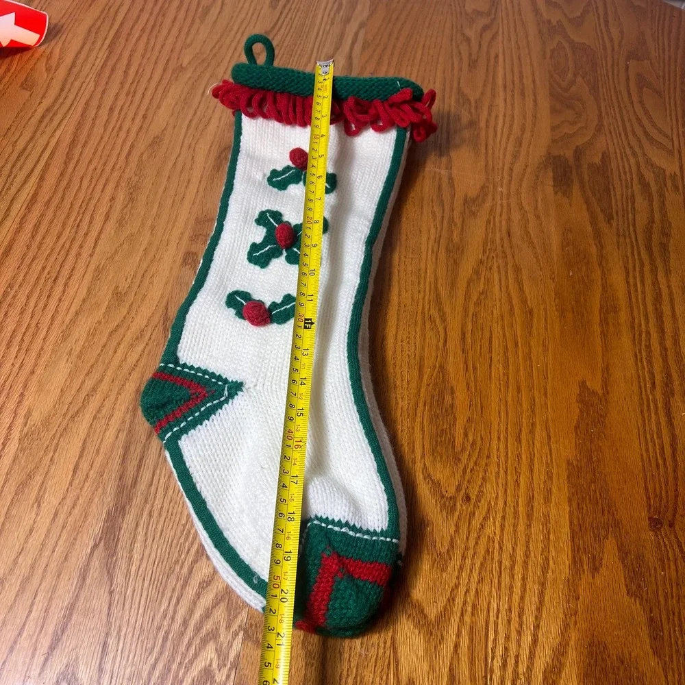 Vtg Hand Knit Christmas Stockings Set of 2 White Knit Holly Stockings Red holly